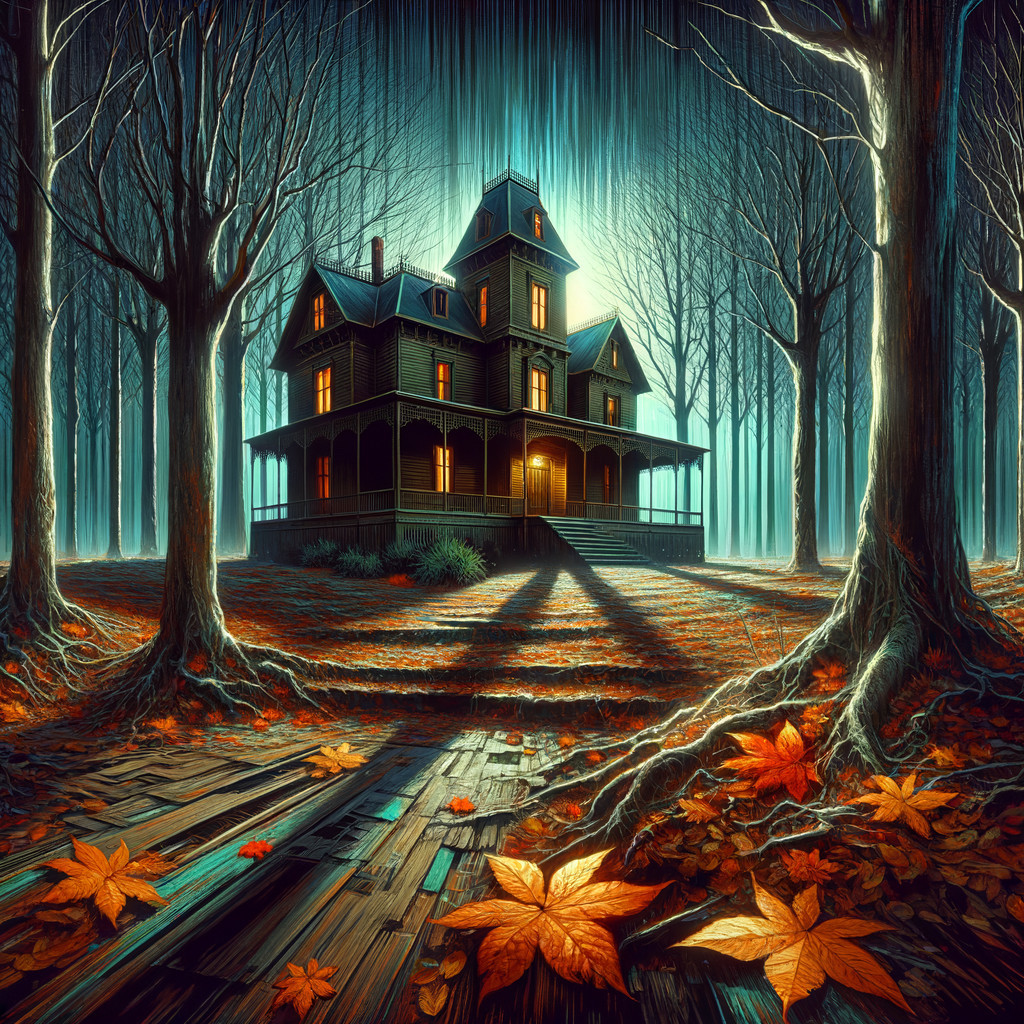 Victorian Mansion Surrounded by Eerie Forest at Night