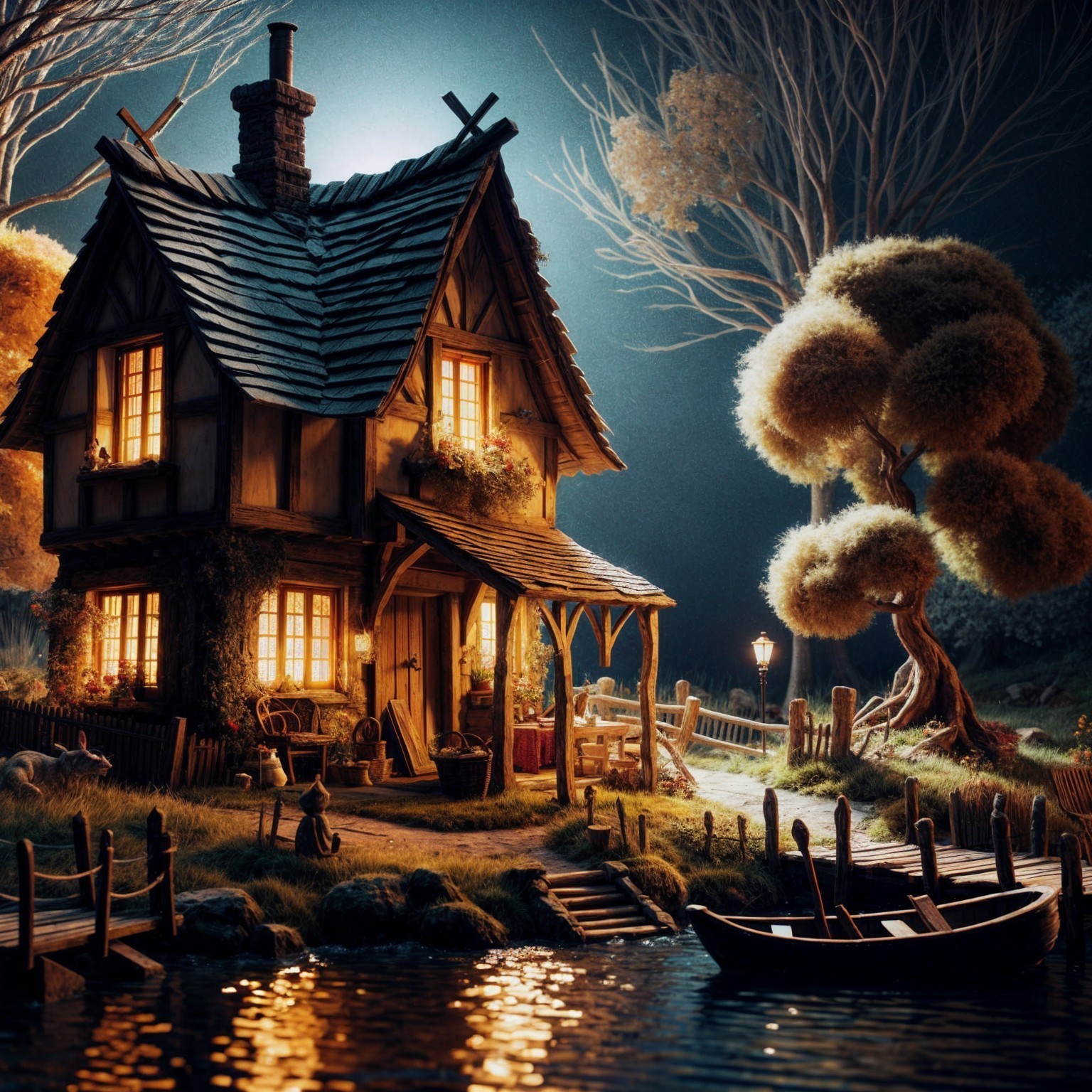 Charming lakeside cottage with thatched roof and dock