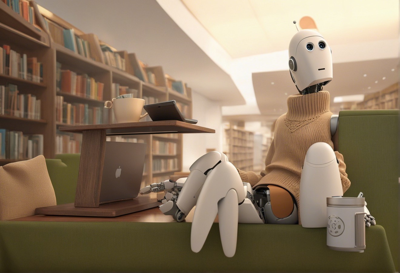 Humanoid Robot in Cozy Library Setting with Laptop