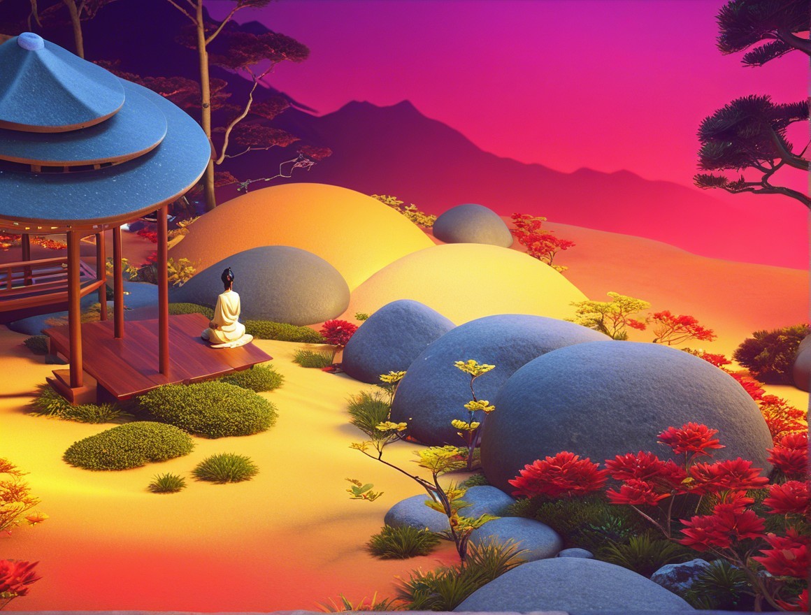 Serene Landscape with Gazebo and Meditation Scene