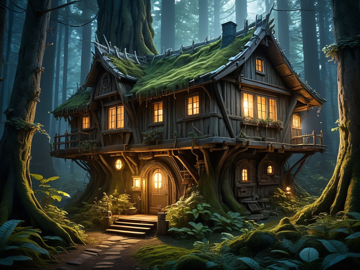 Enchanting Wooden House Surrounded by Lush Greenery