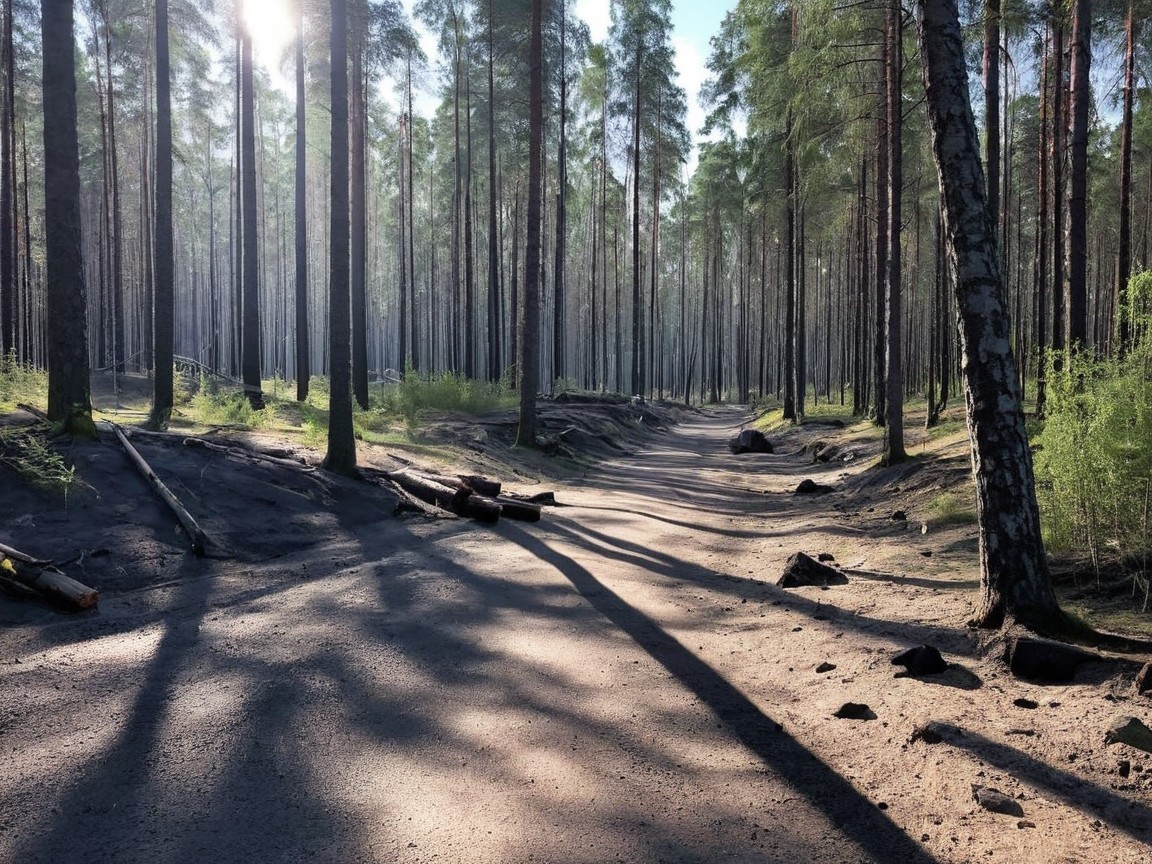 Serene Forest Pathway Through Tall Pine Trees
