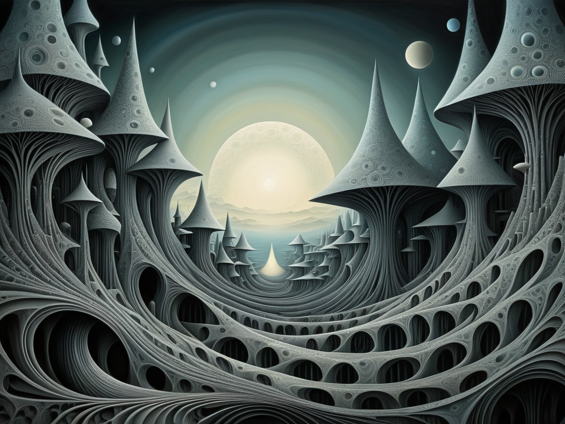 Surreal Landscape with Mushroom-Like Spires and Moon
