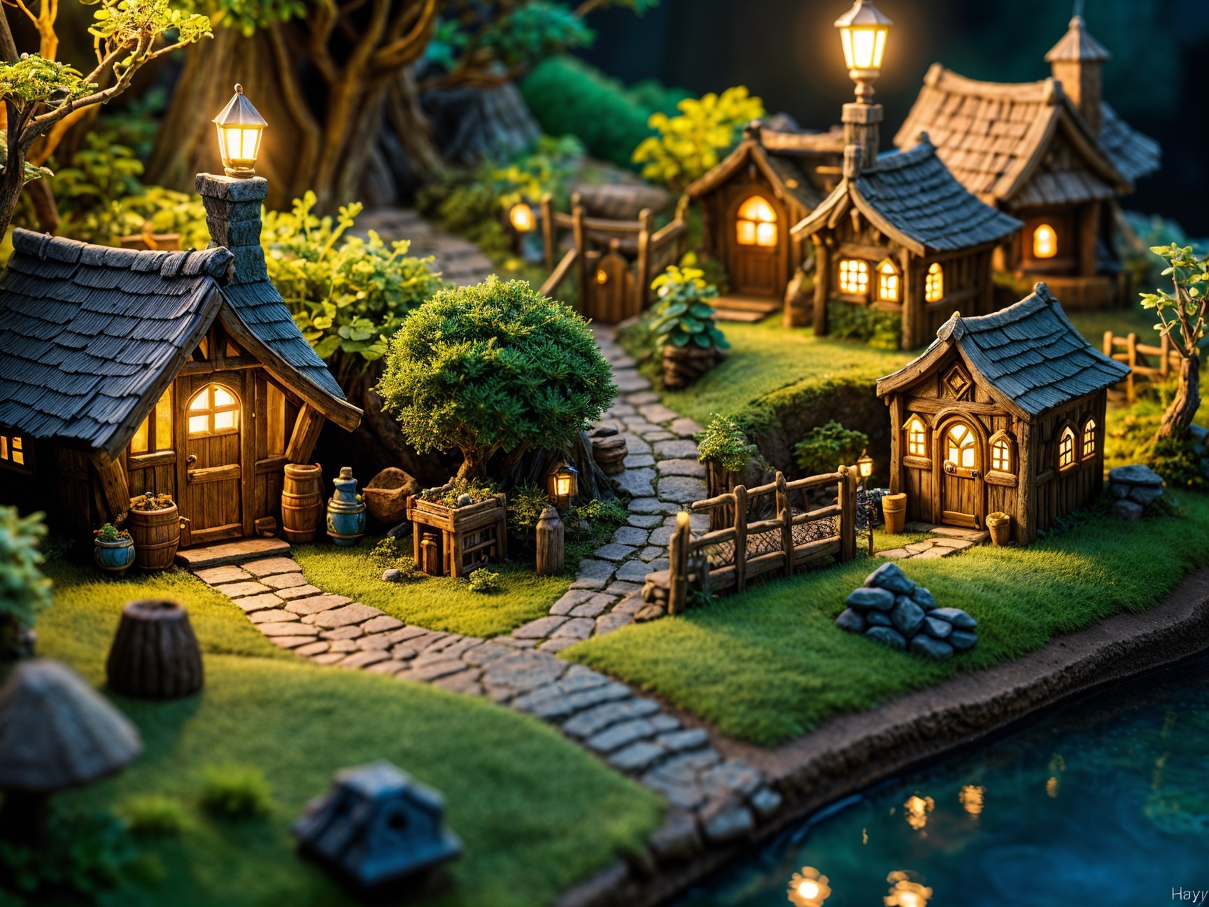 Miniature Village Under Twilight Sky with Cozy Glow