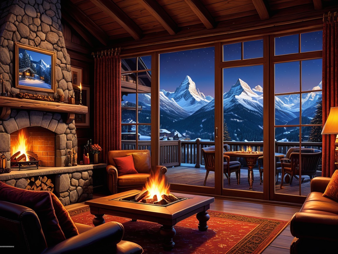 Cozy chalet interior with fireplace and mountain views