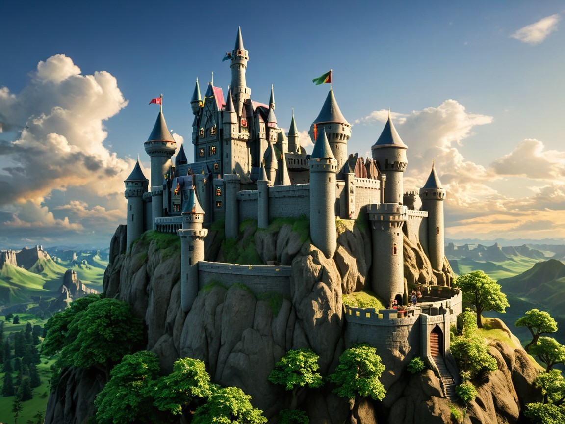 Majestic Castle on Rocky Mountain Surrounded by Nature