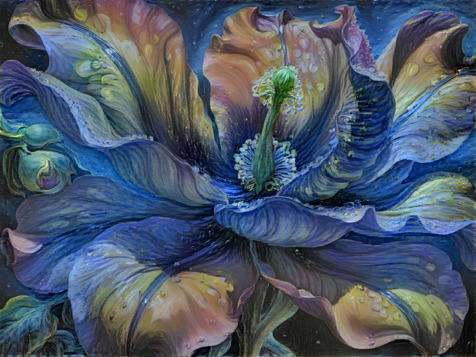 Large flower with intricate petals in deep colors