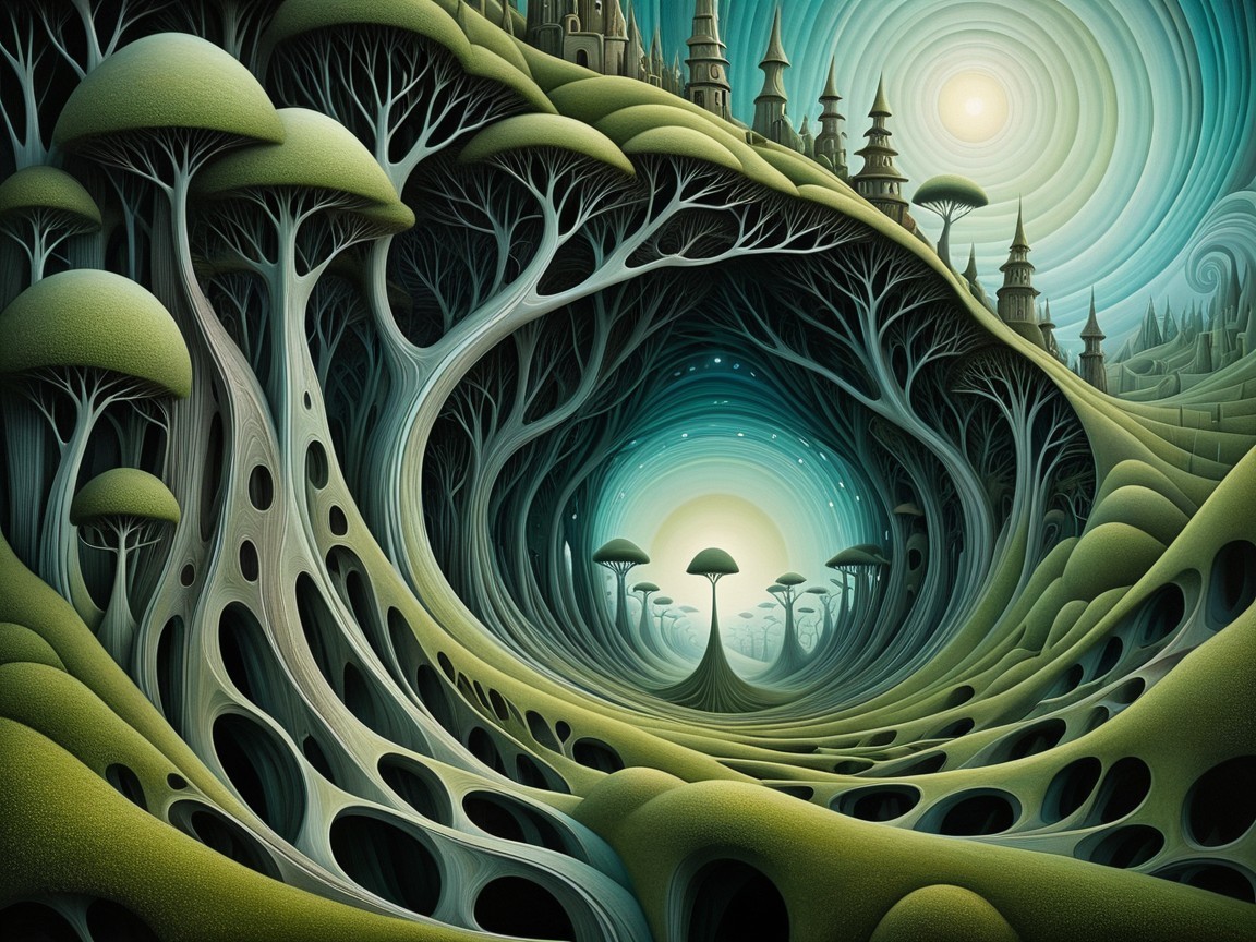 Surreal Landscape with Twisting Hills and Castle