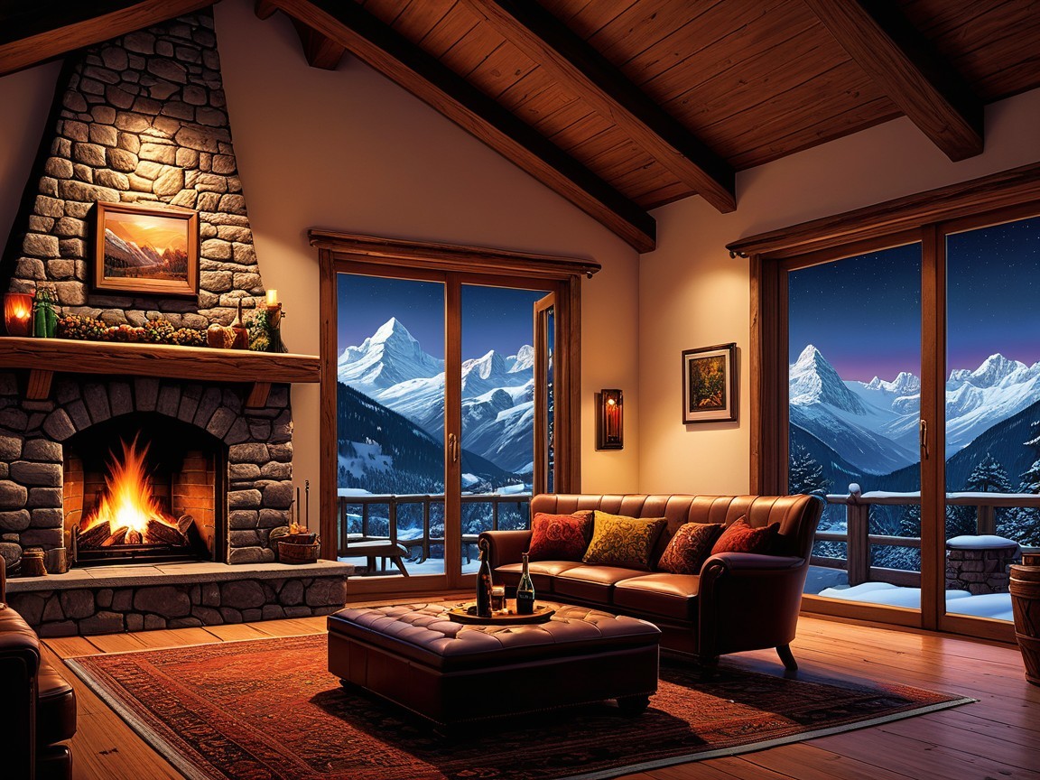 Cozy Living Room with Stone Fireplace and Mountain View