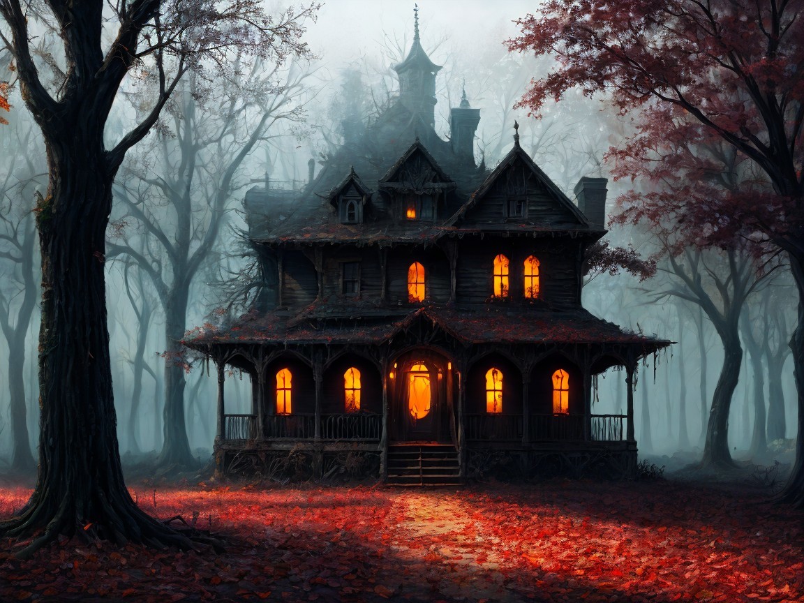 Foggy Forest Mansion with Intricate Architecture