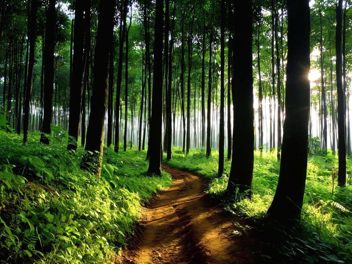 Serene Forest Path with Lush Green Canopy and Sunlight
