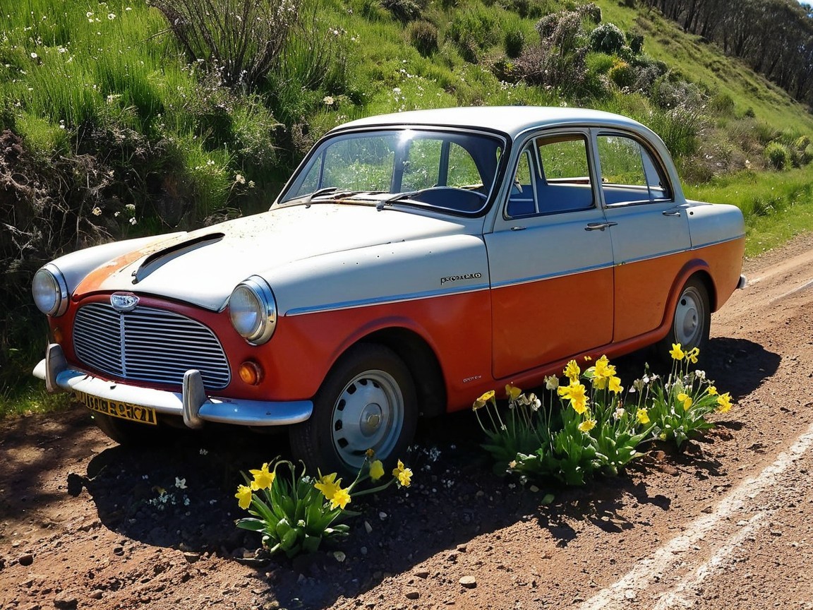 Vintage Car Parked on Dirt Road with Wildflowers