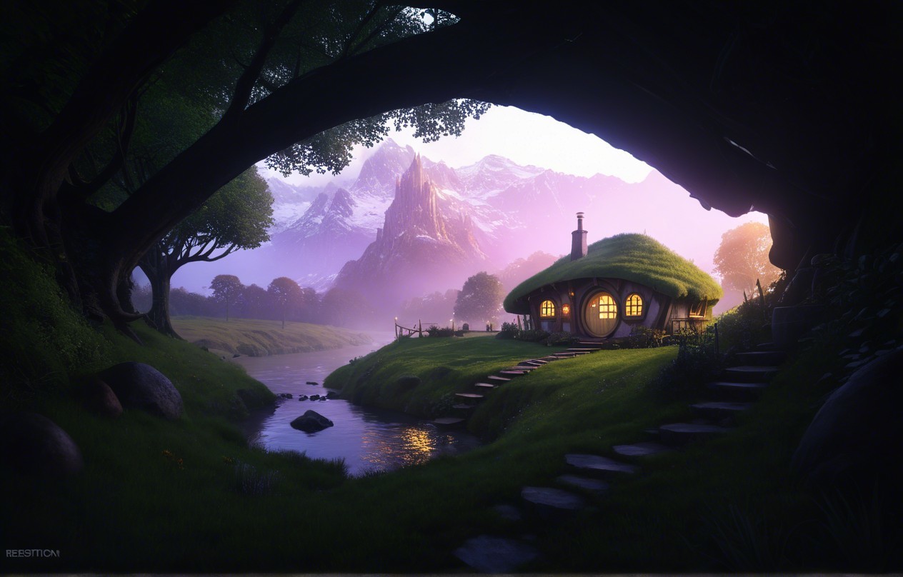 Fairy-Tale Cottage by a Serene River at Sunset