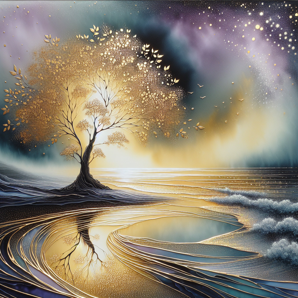 Serene Landscape with Golden Tree and Shimmering Water