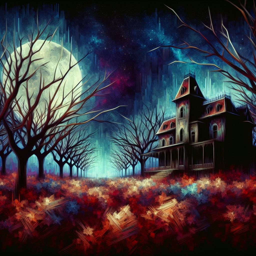 Desolate Moonlit Landscape with Victorian Mansion