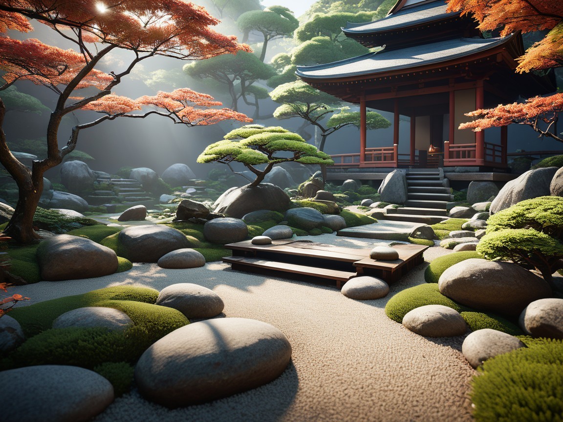 Serene Japanese Garden with Autumn Foliage and Pavilion