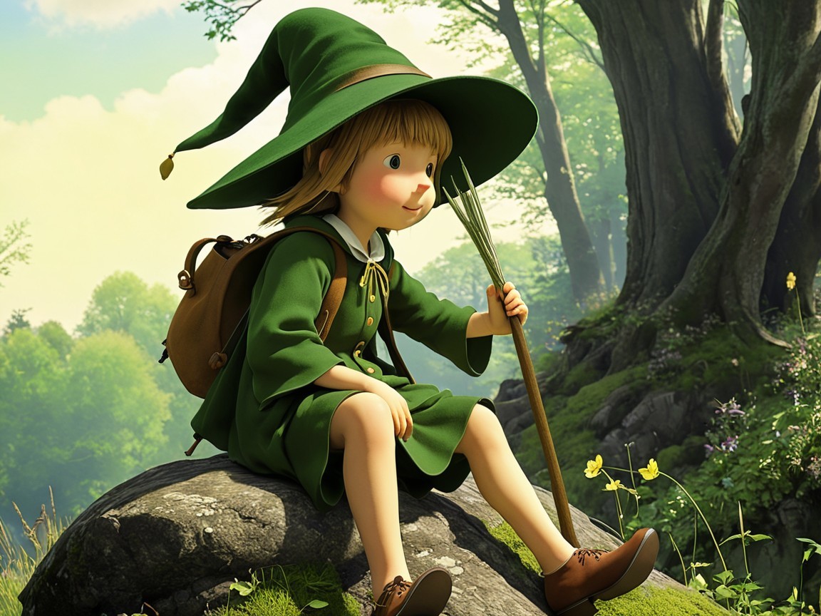 Young girl in green dress sits in vibrant forest