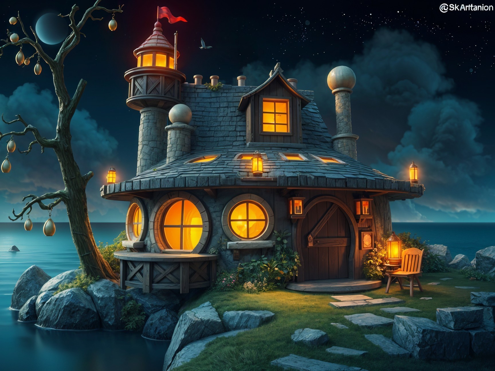 Whimsical Cottage by Water with Lanterns and Ornaments
