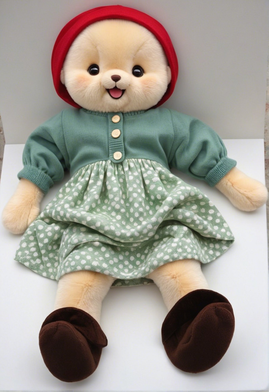 Plush Doll with Cheerful Expression and Polka-Dot Skirt