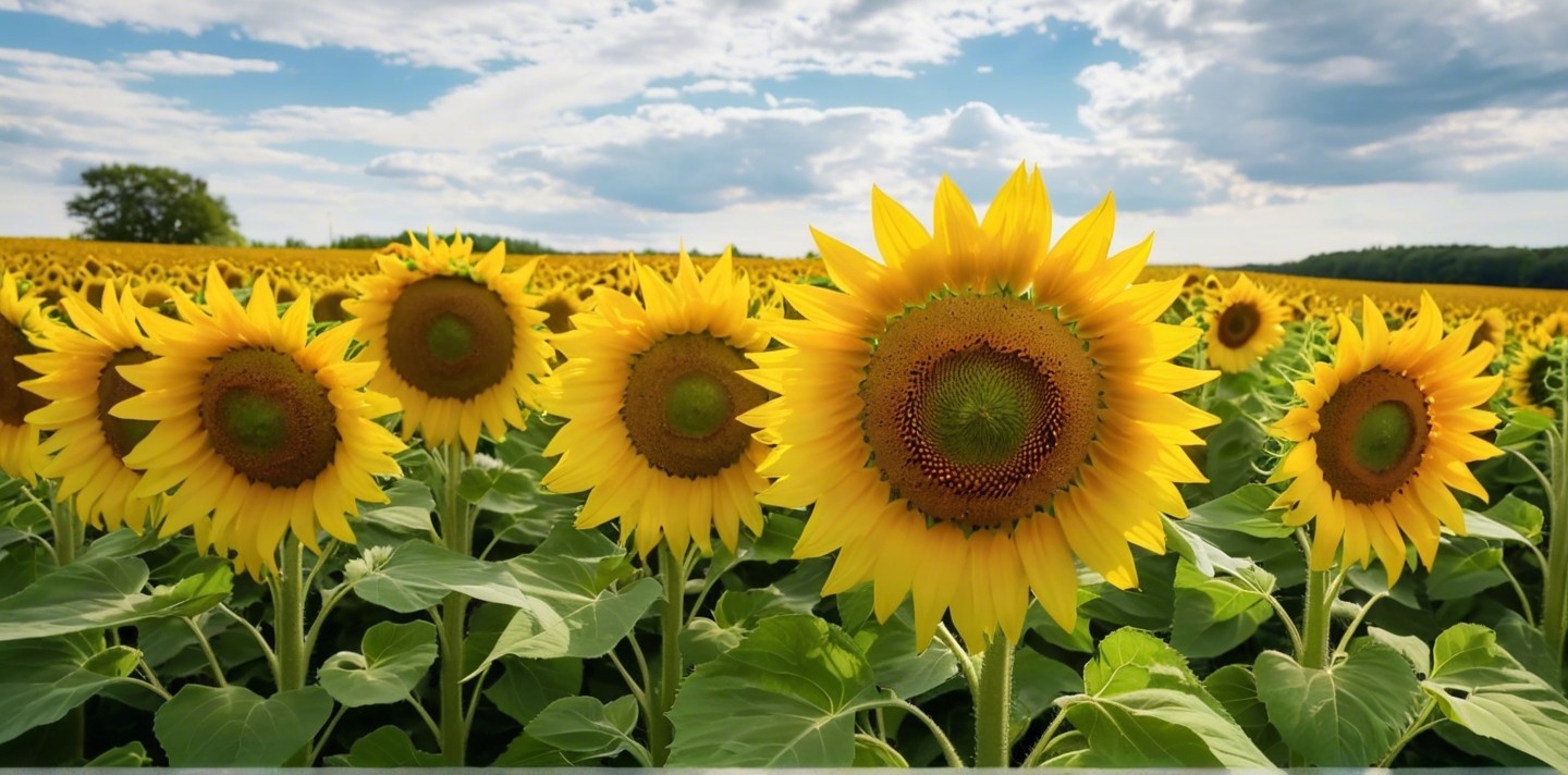 Vibrant Sunflower Field Against Blue Sky and Clouds