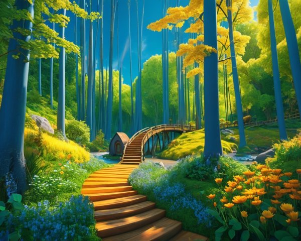 Serene forest scene with vibrant trees and bridge