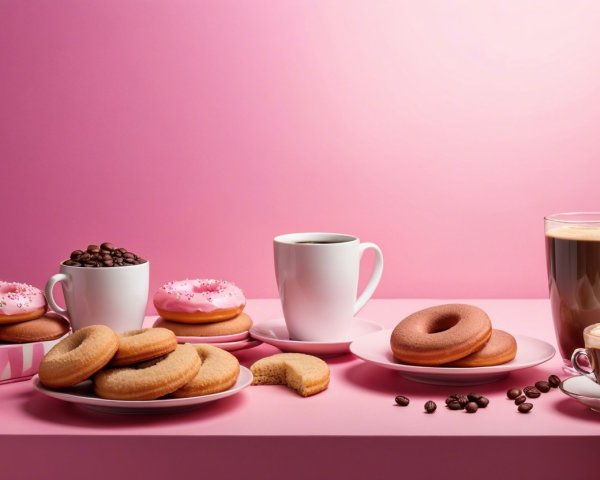 Donut Arrangement with Coffee on Pink Background