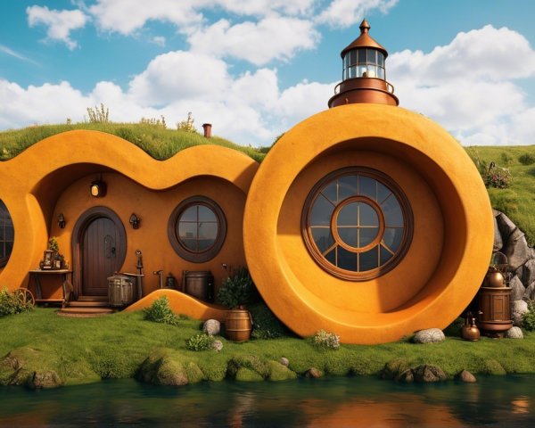 Whimsical Round Cottage with Orange Walls and Lighthouse