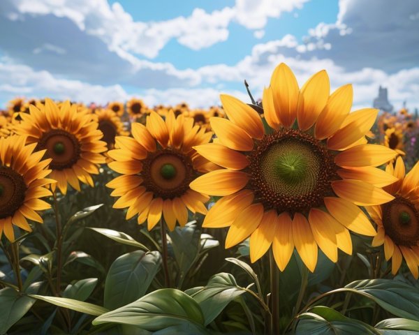 Vibrant Sunflower Field Under Blue Sky and Clouds
