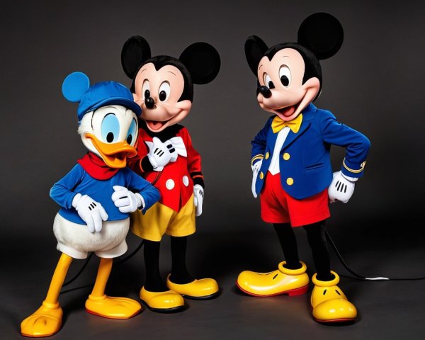 Three Cartoon Characters in Colorful Attire Together