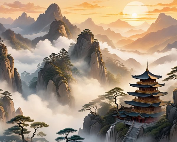 Serene Mountain Landscape with Pagoda at Sunrise