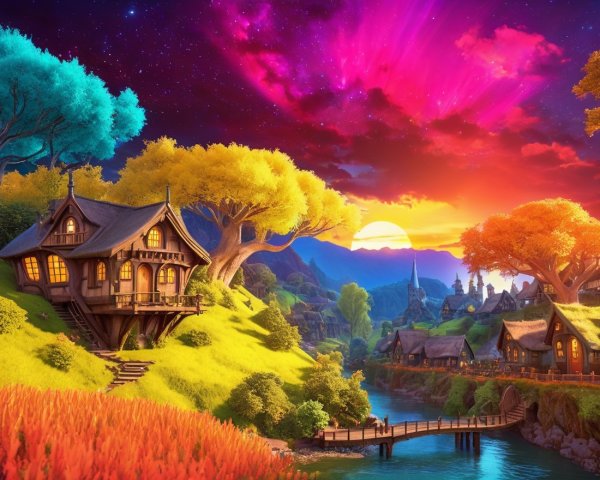 Charming Cottage in a Vibrant Fantasy Landscape