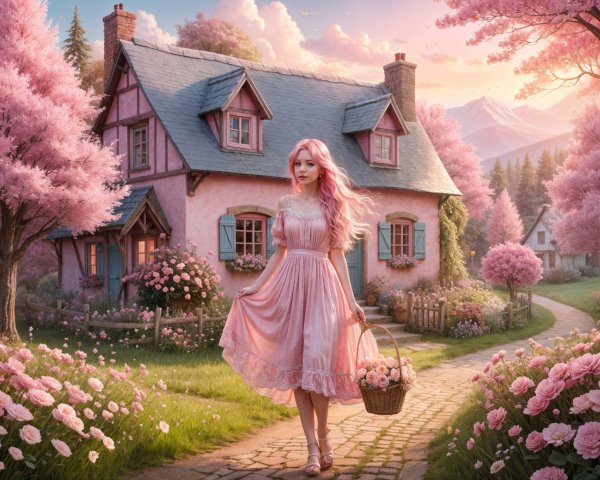 Pastel Cottage Amidst Cherry Blossoms and Gardens