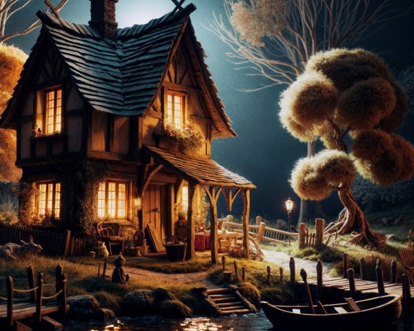 Charming lakeside cottage with thatched roof and dock