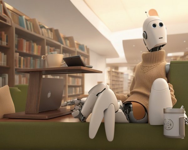 Humanoid Robot in Cozy Library Setting with Laptop