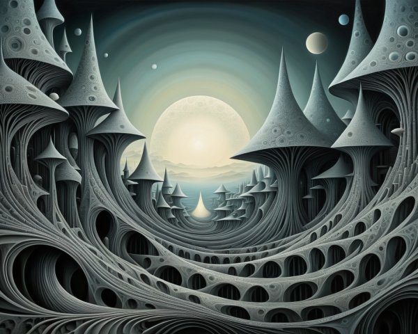 Surreal Landscape with Mushroom-Like Spires and Moon
