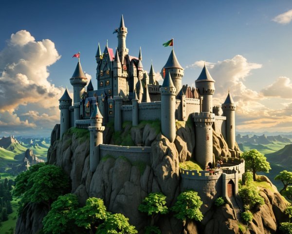 Majestic Castle on Rocky Mountain Surrounded by Nature
