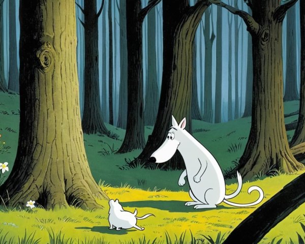 White Dog and Small Mouse in Serene Forest Setting