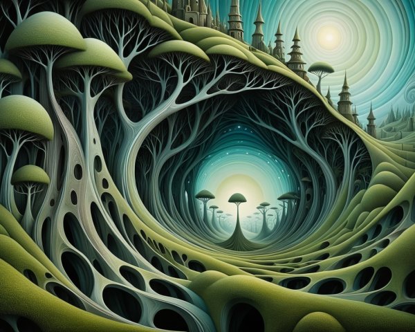 Surreal Landscape with Twisting Hills and Castle