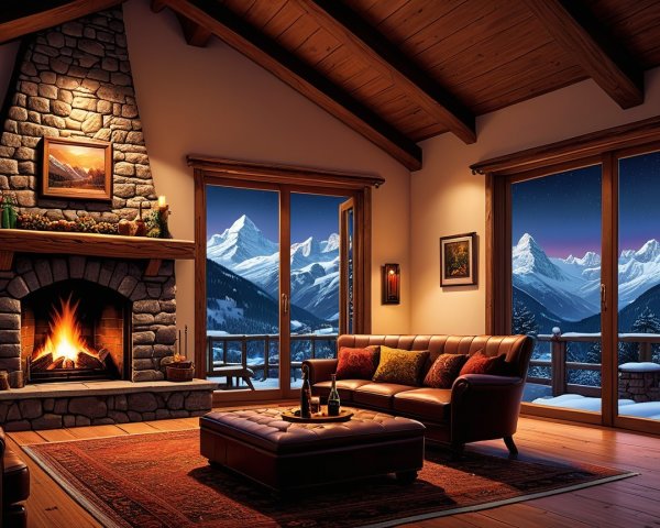 Cozy Living Room with Stone Fireplace and Mountain View
