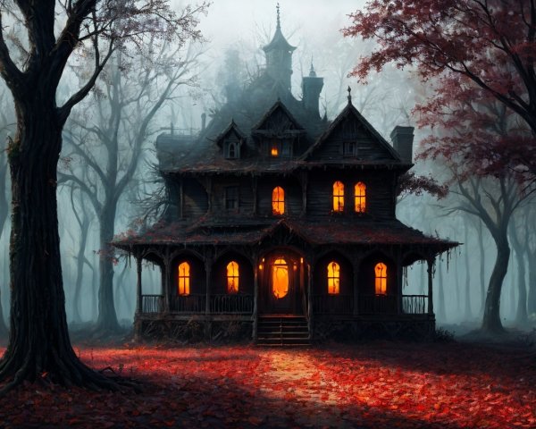 Foggy Forest Mansion with Intricate Architecture