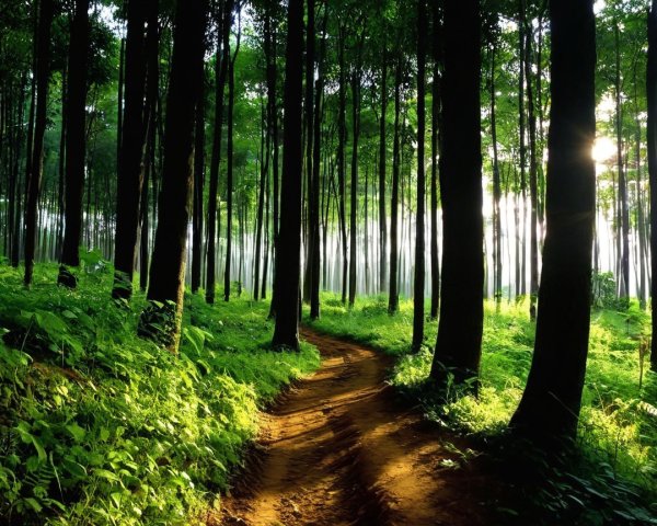 Serene Forest Path with Lush Green Canopy and Sunlight