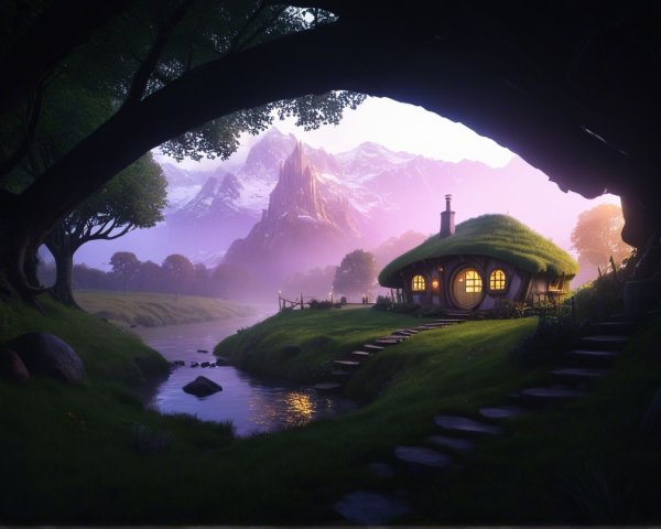 Fairy-Tale Cottage by a Serene River at Sunset