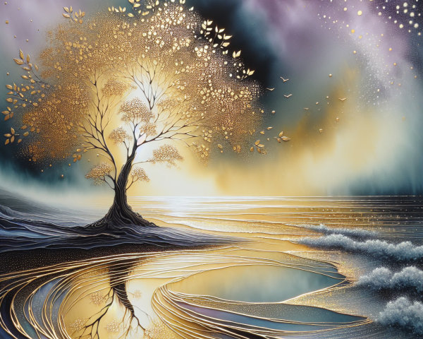 Serene Landscape with Golden Tree and Shimmering Water