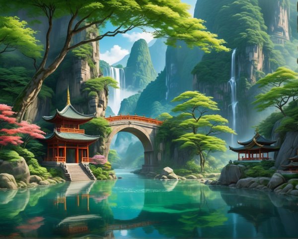 Tranquil Landscape with Mountains and Waterfalls