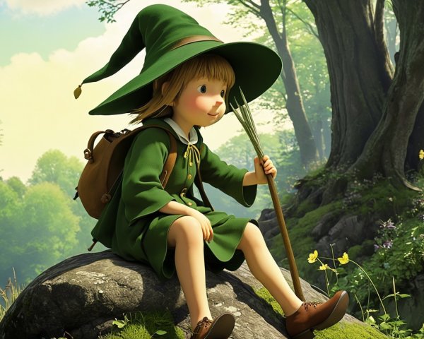 Young girl in green dress sits in vibrant forest