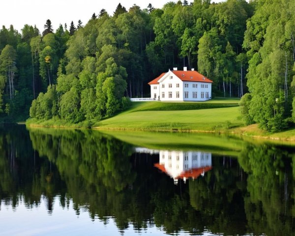 Serene Landscape with White House and Red Roof
