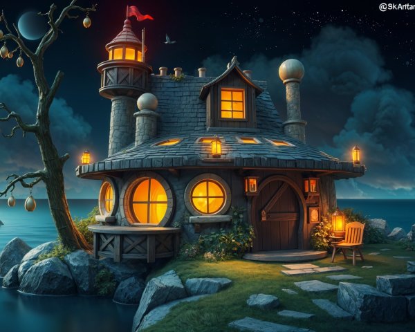 Whimsical Cottage by Water with Lanterns and Ornaments