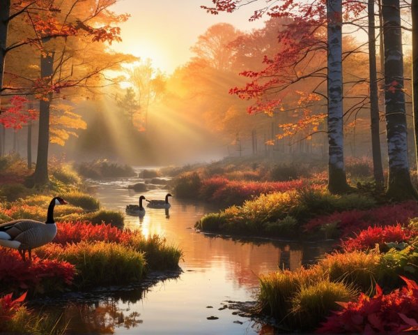 Autumn Landscape with Stream and Gliding Geese