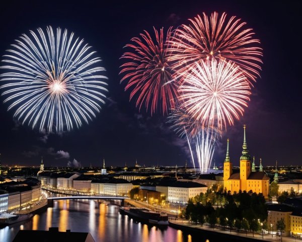 Vibrant Fireworks Over a Cityscape at Night
