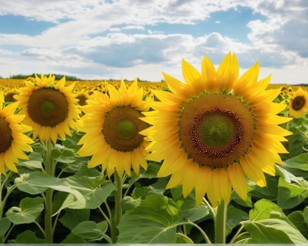 Vibrant Sunflower Field Against Blue Sky and Clouds